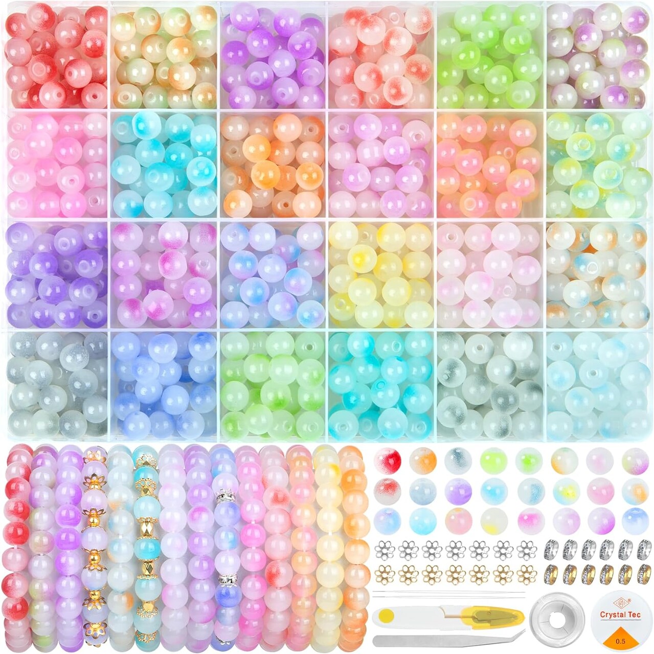 Round Glass Beads for Jewelry Making, 24 Color 8mm Glass Crystal Beads Friendship Bracelets Making Kit for DIY Earrings Necklaces Rings